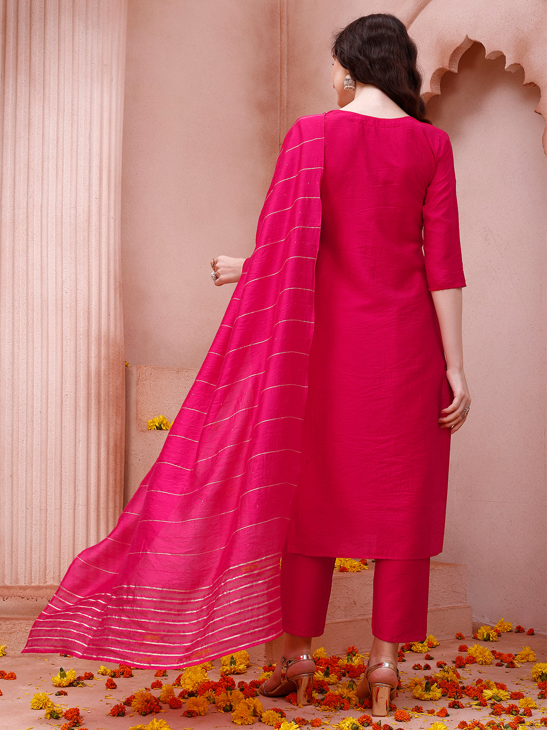 Embroidered Kurta With Pant And Dupatta Set, Multicolor - Hiral Fashion - Distacart