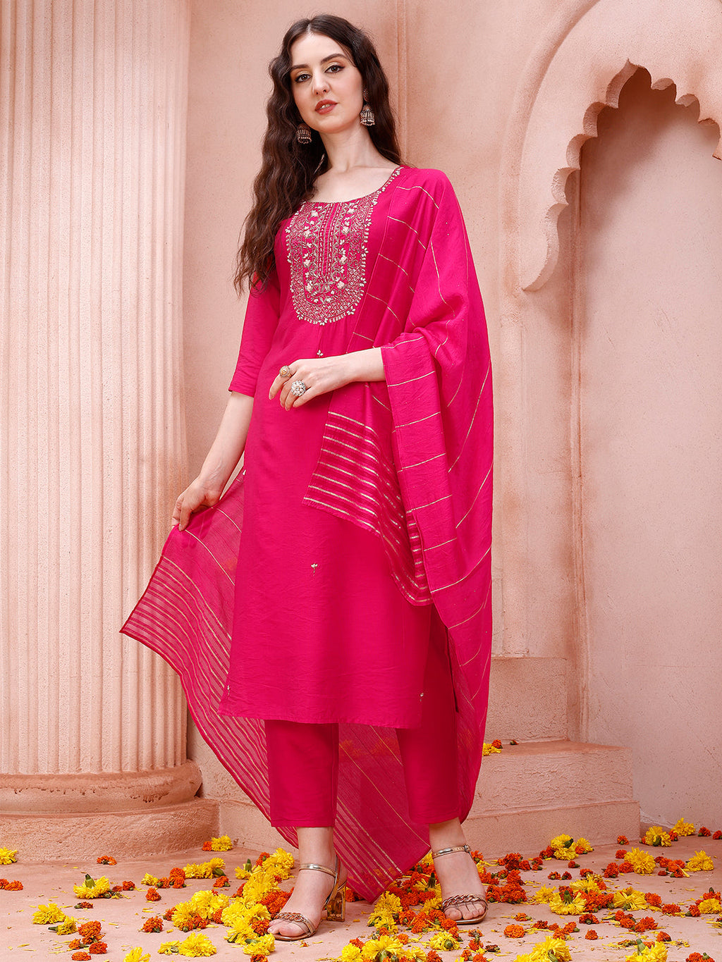 Embroidered Kurta With Pant And Dupatta Set, Multicolor - Hiral Fashion - Distacart