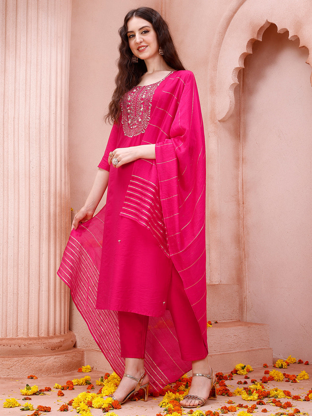 Embroidered Kurta With Pant And Dupatta Set, Multicolor - Hiral Fashion - Distacart