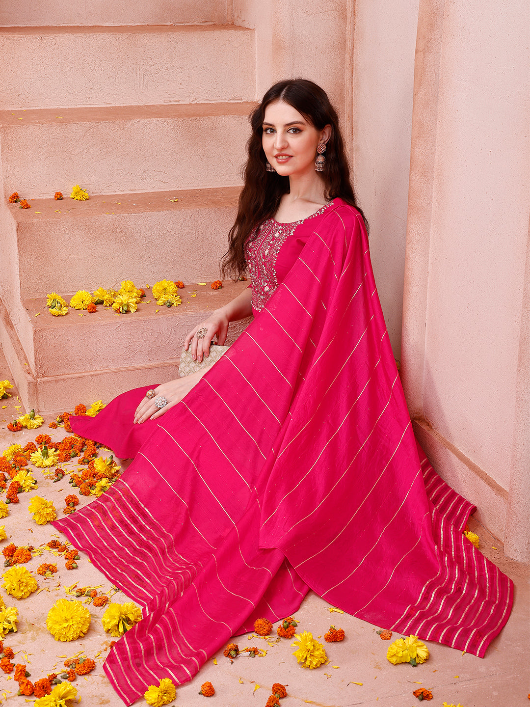 Embroidered Kurta With Pant And Dupatta Set, Multicolor - Hiral Fashion - Distacart
