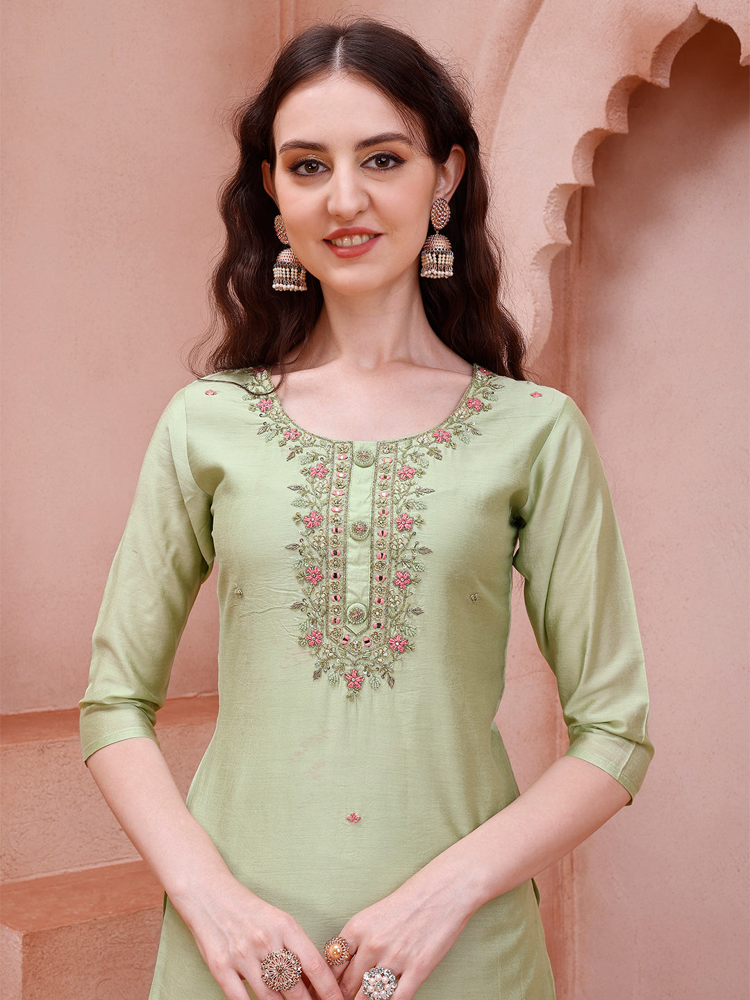 Thread Embroidered Kurta With Pant And Dupatta Set, Multicolor - Hiral Fashion - Distacart