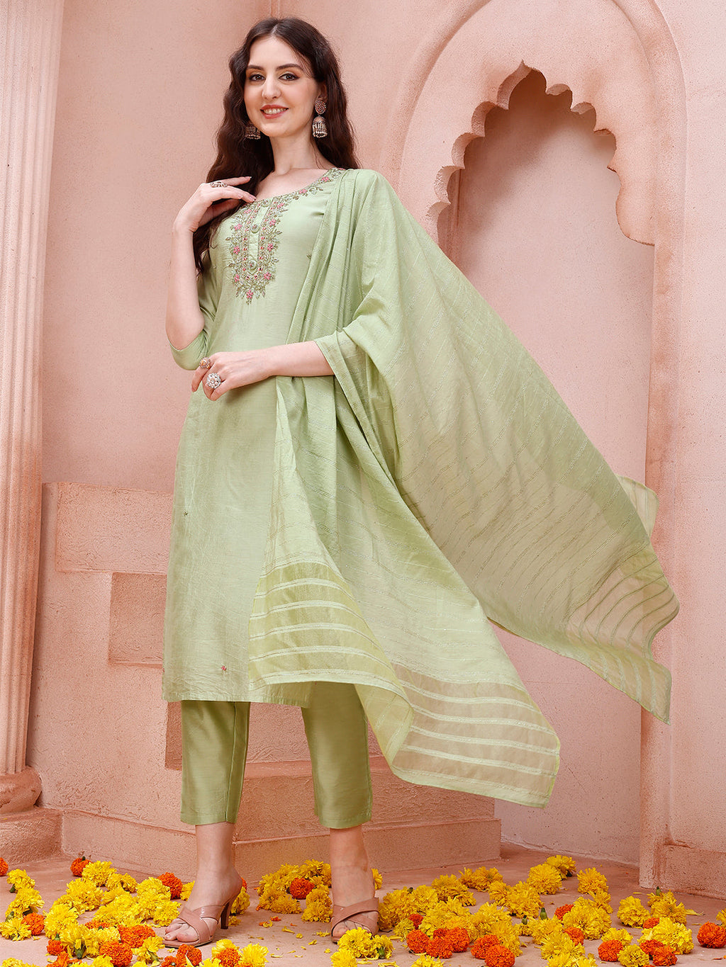 Thread Embroidered Kurta With Pant And Dupatta Set, Multicolor - Hiral Fashion - Distacart