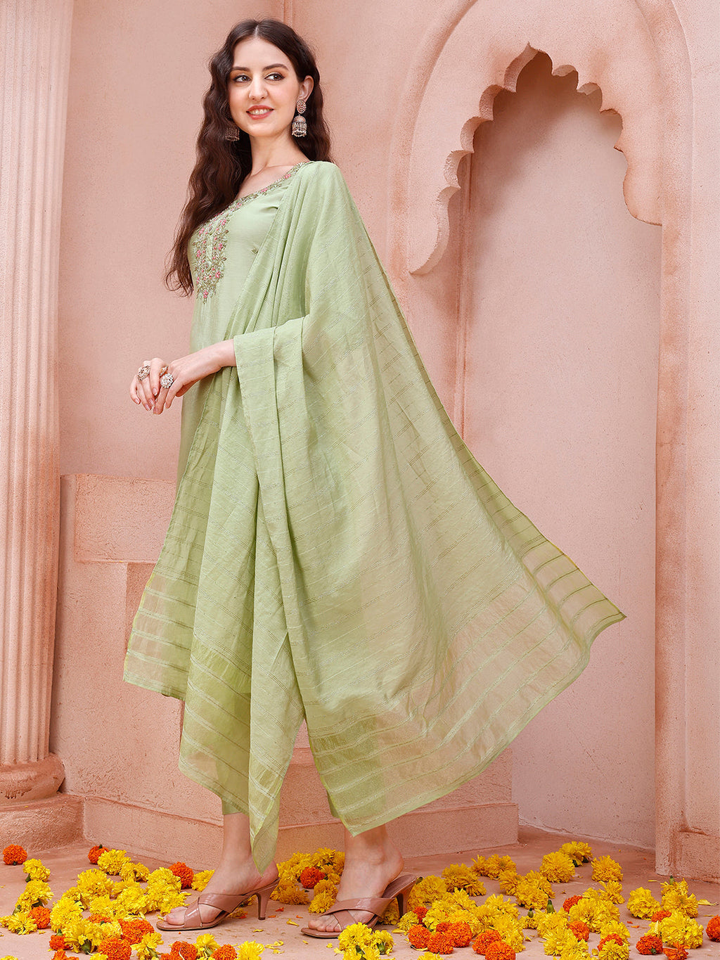 Thread Embroidered Kurta With Pant And Dupatta Set, Multicolor - Hiral Fashion - Distacart