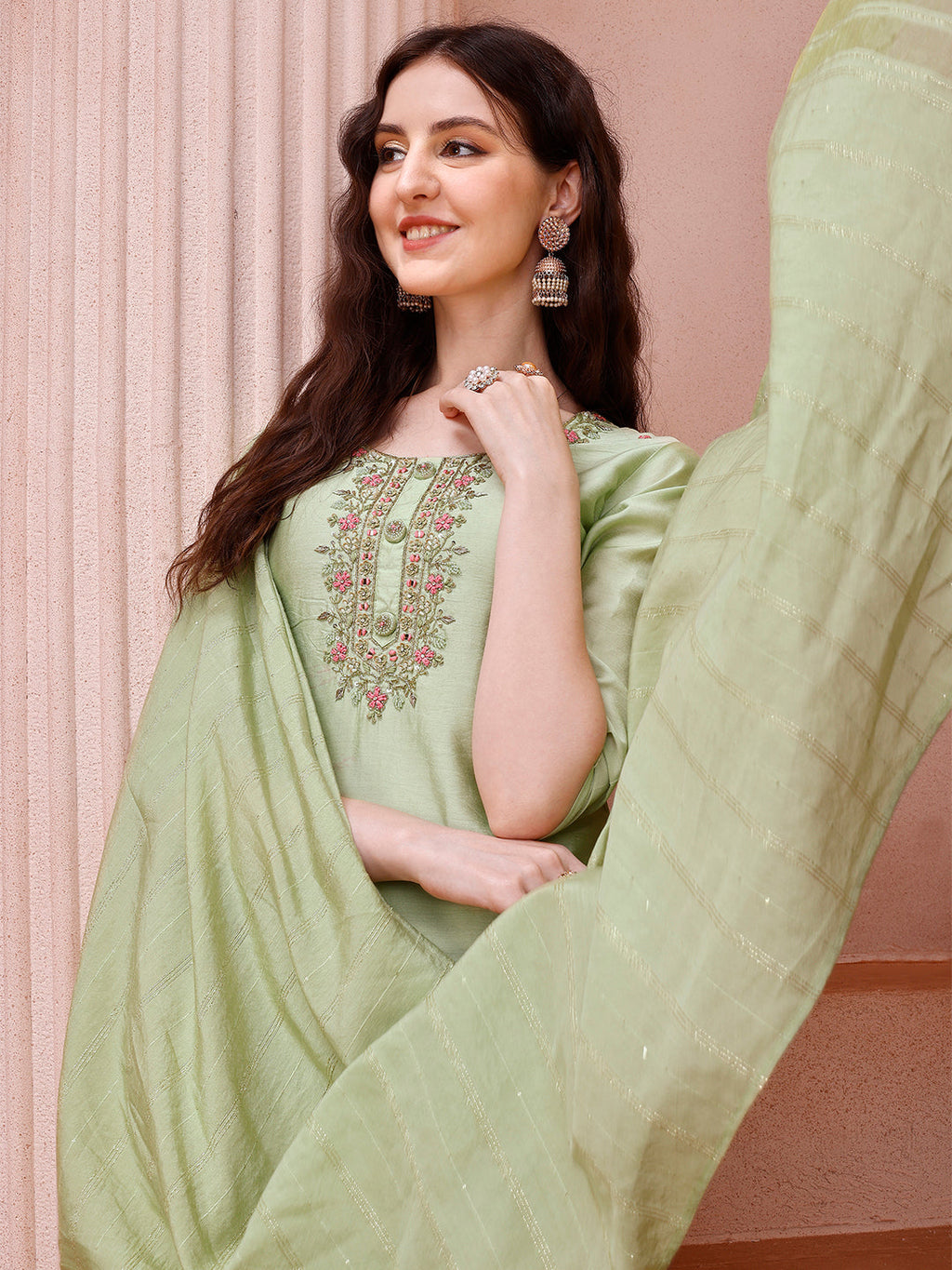 Thread Embroidered Kurta With Pant And Dupatta Set, Multicolor - Hiral Fashion - Distacart