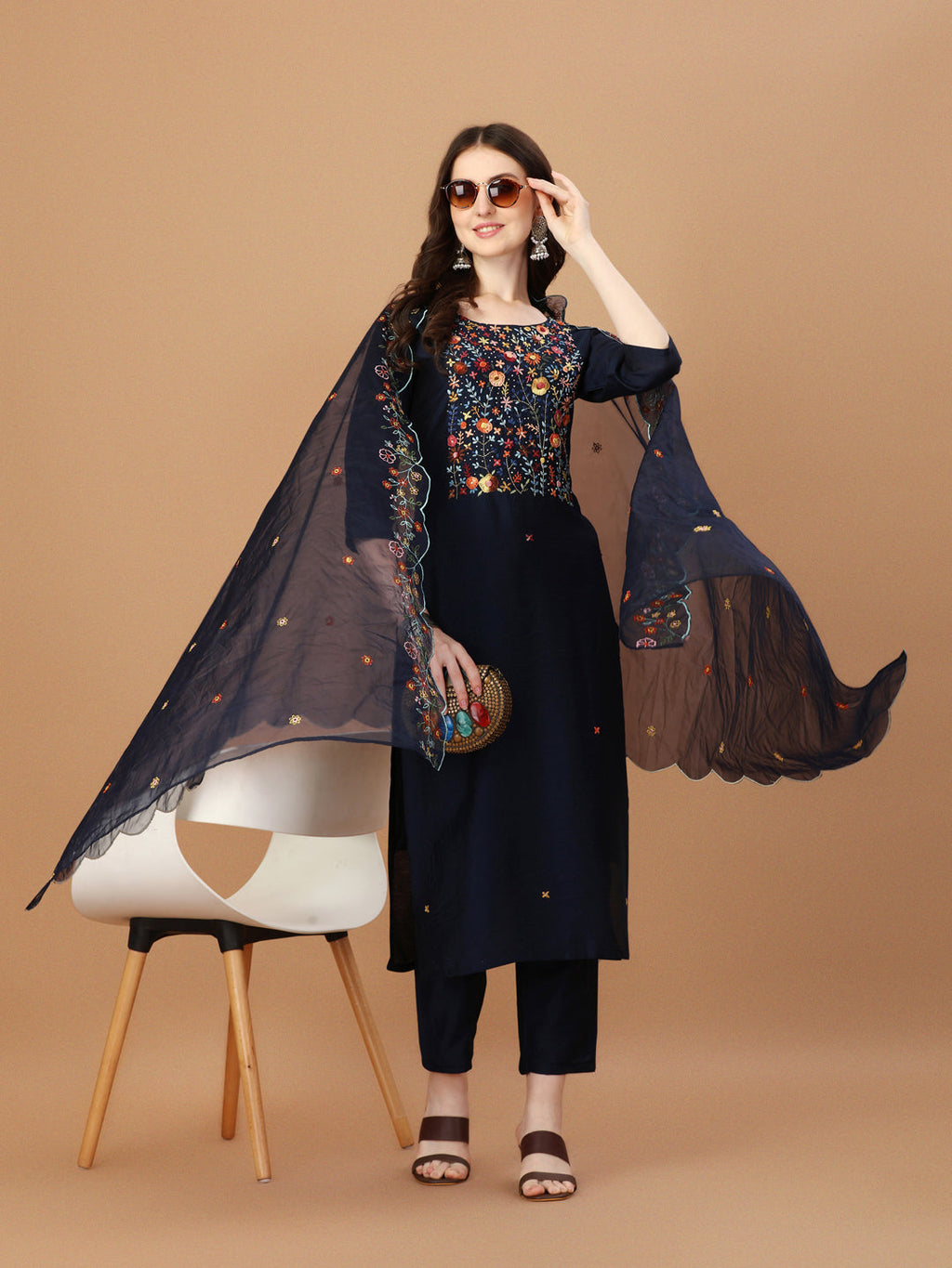 Embroidered Kurta With Pant And Embroidered Dupatta Set, Multicolor - Hiral Fashion - Distacart