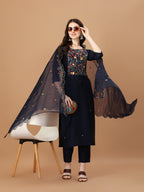 Embroidered Kurta With Pant And Embroidered Dupatta Set, Multicolor - Hiral Fashion - Distacart