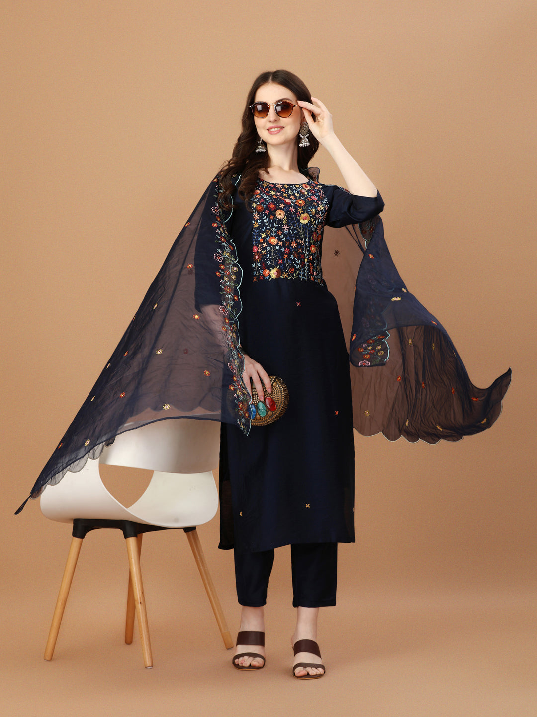 Embroidered Kurta With Pant And Embroidered Dupatta Set, Multicolor - Hiral Fashion - Distacart
