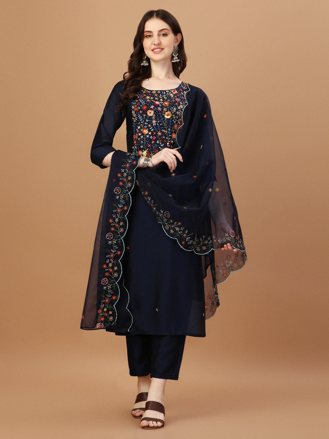Embroidered Kurta With Pant And Embroidered Dupatta Set, Multicolor - Hiral Fashion - Distacart