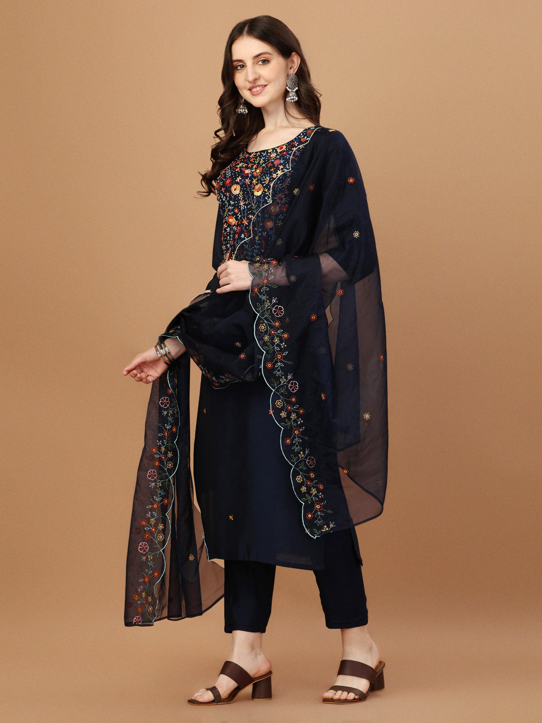 Embroidered Kurta With Pant And Embroidered Dupatta Set, Multicolor - Hiral Fashion - Distacart
