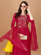 Embroidered Kurta With Pant And Embroidered Dupatta Set, Multicolor - Hiral Fashion - Distacart