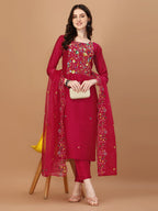 Embroidered Kurta With Pant And Embroidered Dupatta Set, Multicolor - Hiral Fashion - Distacart