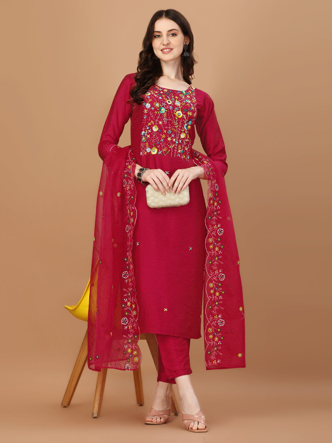 Embroidered Kurta With Pant And Embroidered Dupatta Set, Multicolor - Hiral Fashion - Distacart