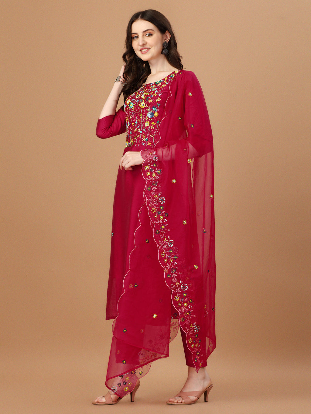 Embroidered Kurta With Pant And Embroidered Dupatta Set, Multicolor - Hiral Fashion - Distacart