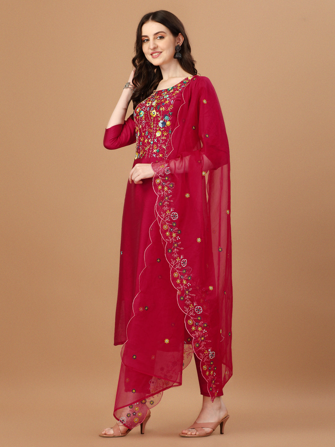 Embroidered Kurta With Pant And Embroidered Dupatta Set, Multicolor - Hiral Fashion - Distacart