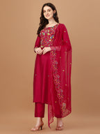 Embroidered Kurta With Pant And Embroidered Dupatta Set, Multicolor - Hiral Fashion - Distacart