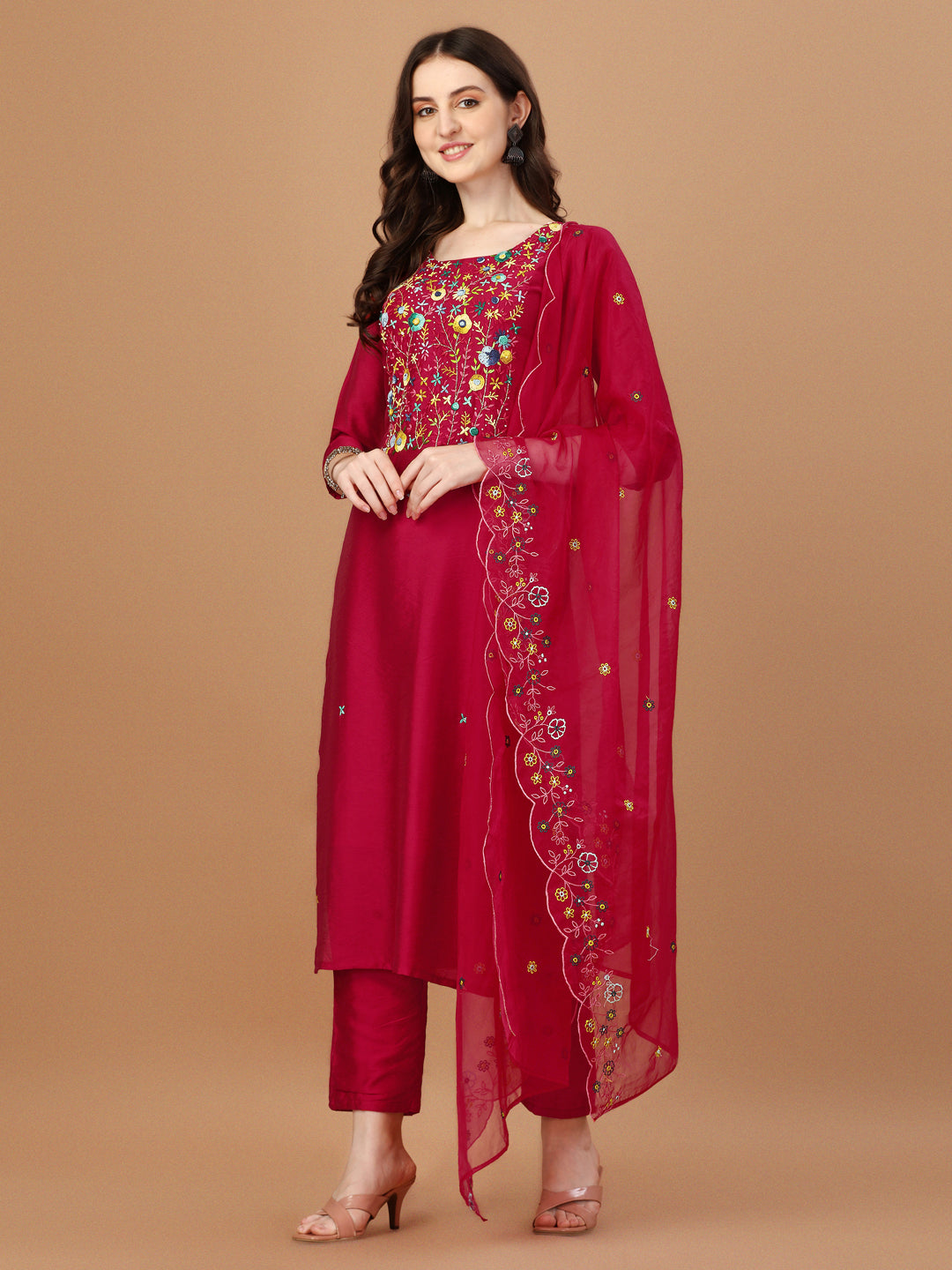Embroidered Kurta With Pant And Embroidered Dupatta Set, Multicolor - Hiral Fashion - Distacart