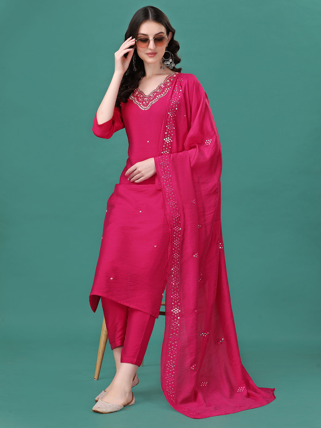 Hand Embroidered Kurta With Pant & Dupatta, Multicolor - Hiral Fashion - Distacart