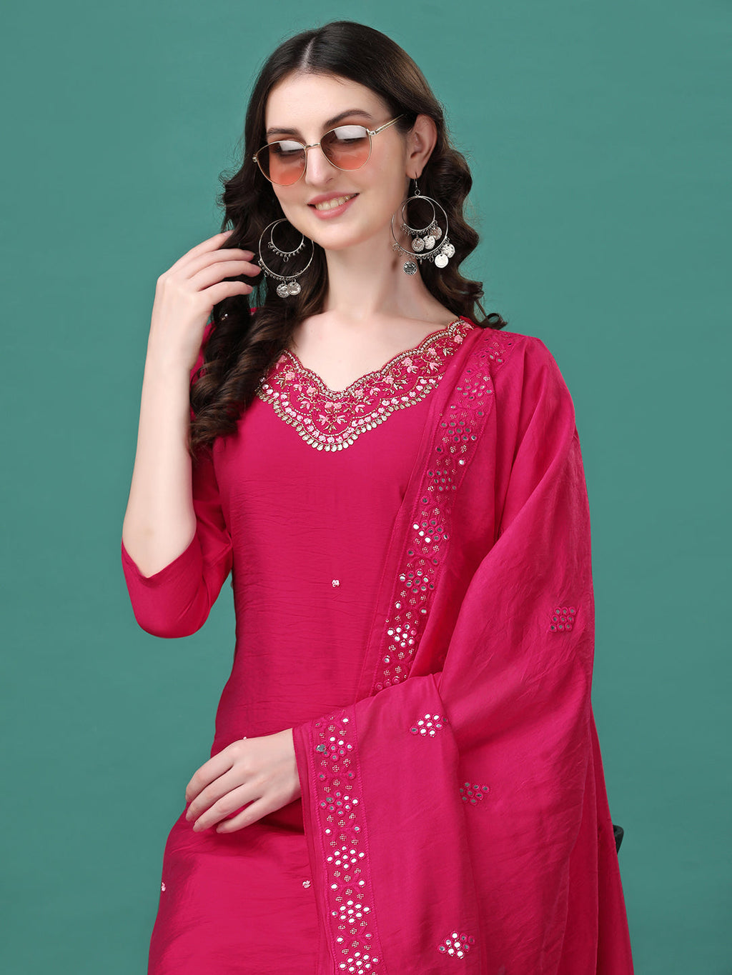 Hand Embroidered Kurta With Pant & Dupatta, Multicolor - Hiral Fashion - Distacart
