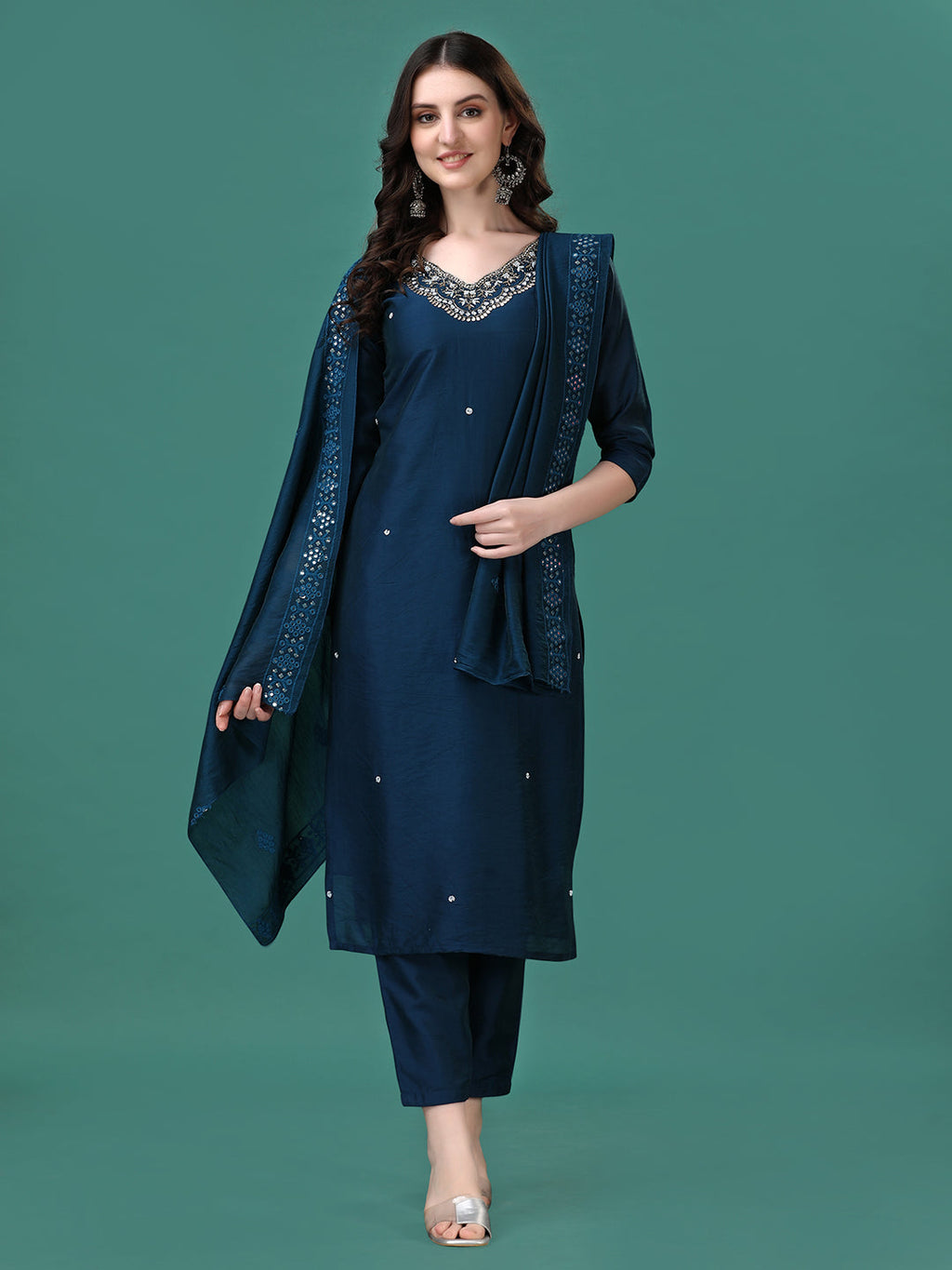 Hand Embroidered Kurta With Pant & Dupatta, Multicolor - Hiral Fashion - Distacart