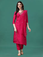 Hand Embroidered Kurta With Pant & Embroidered Dupatta, Multicolor - Hiral Fashion