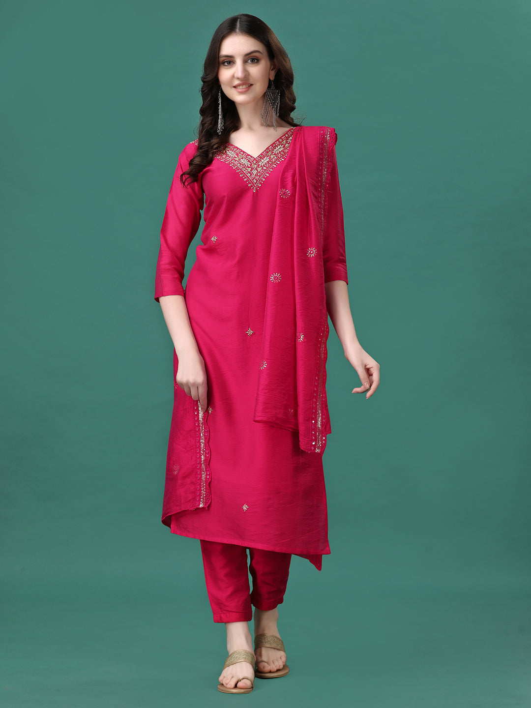 Hand Embroidered Kurta With Pant & Embroidered Dupatta, Multicolor - Hiral Fashion