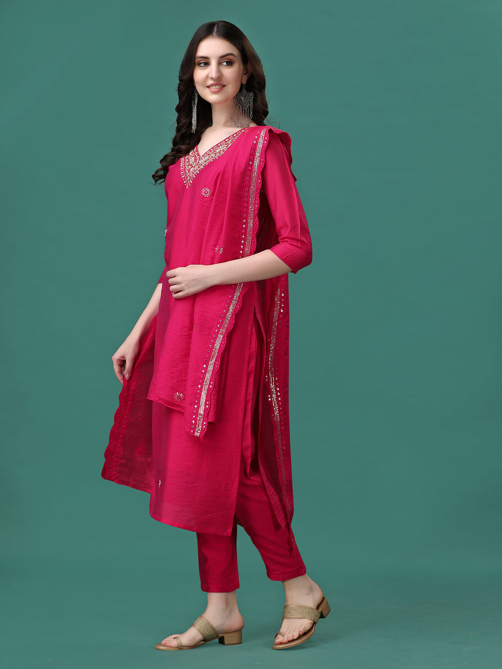 Hand Embroidered Kurta With Pant & Embroidered Dupatta, Multicolor - Hiral Fashion