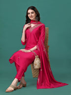 Hand Embroidered Kurta With Pant & Embroidered Dupatta, Multicolor - Hiral Fashion
