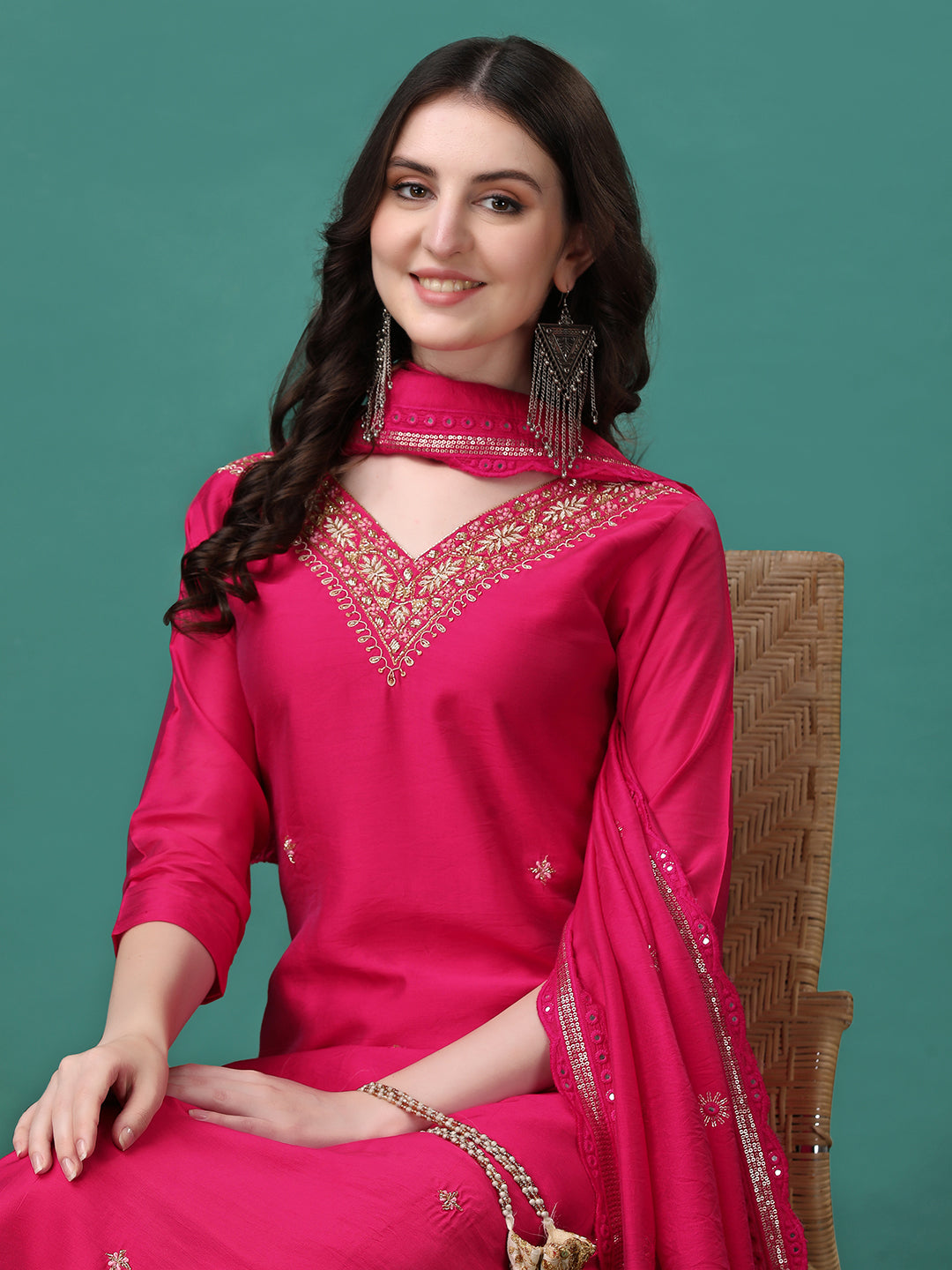 Hand Embroidered Kurta With Pant & Embroidered Dupatta, Multicolor - Hiral Fashion