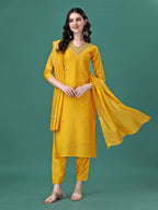 Hand Embroidered Kurta With Pant & Embroidered Dupatta, Multicolor - Hiral Fashion