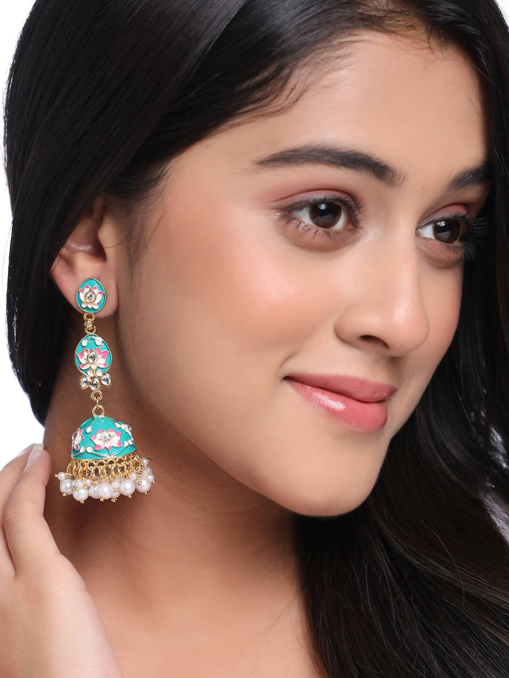NVR Women Gold Plated Blue Kundan Jhumkas Earrings - Distacart