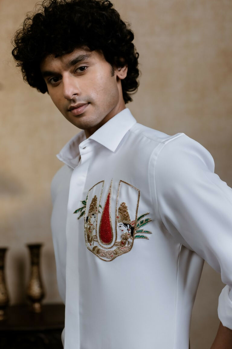 British White Sri Vari Sutra Shirt By Hilo Design
