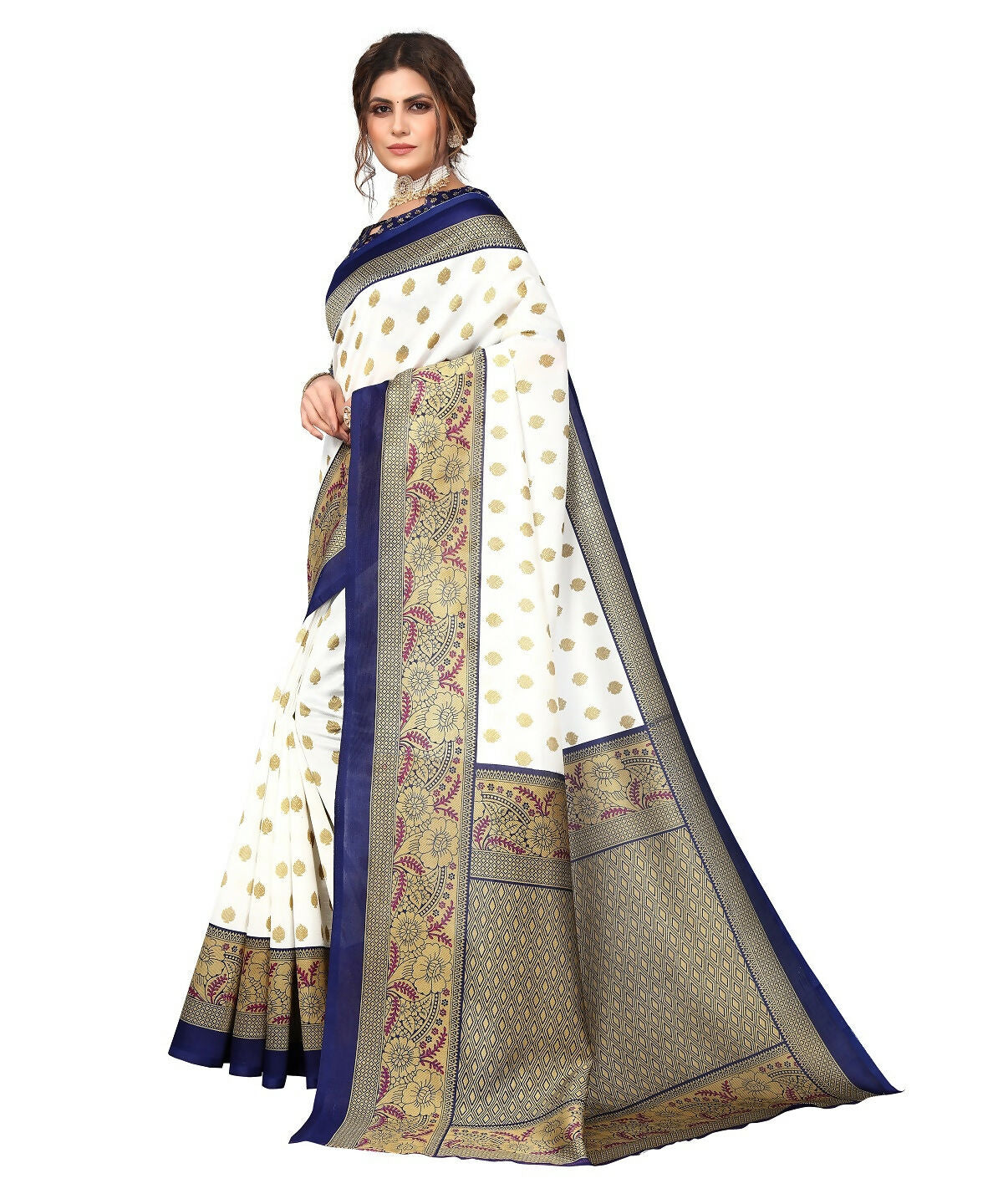 Vamika white & navy Printed Art Silk Saree