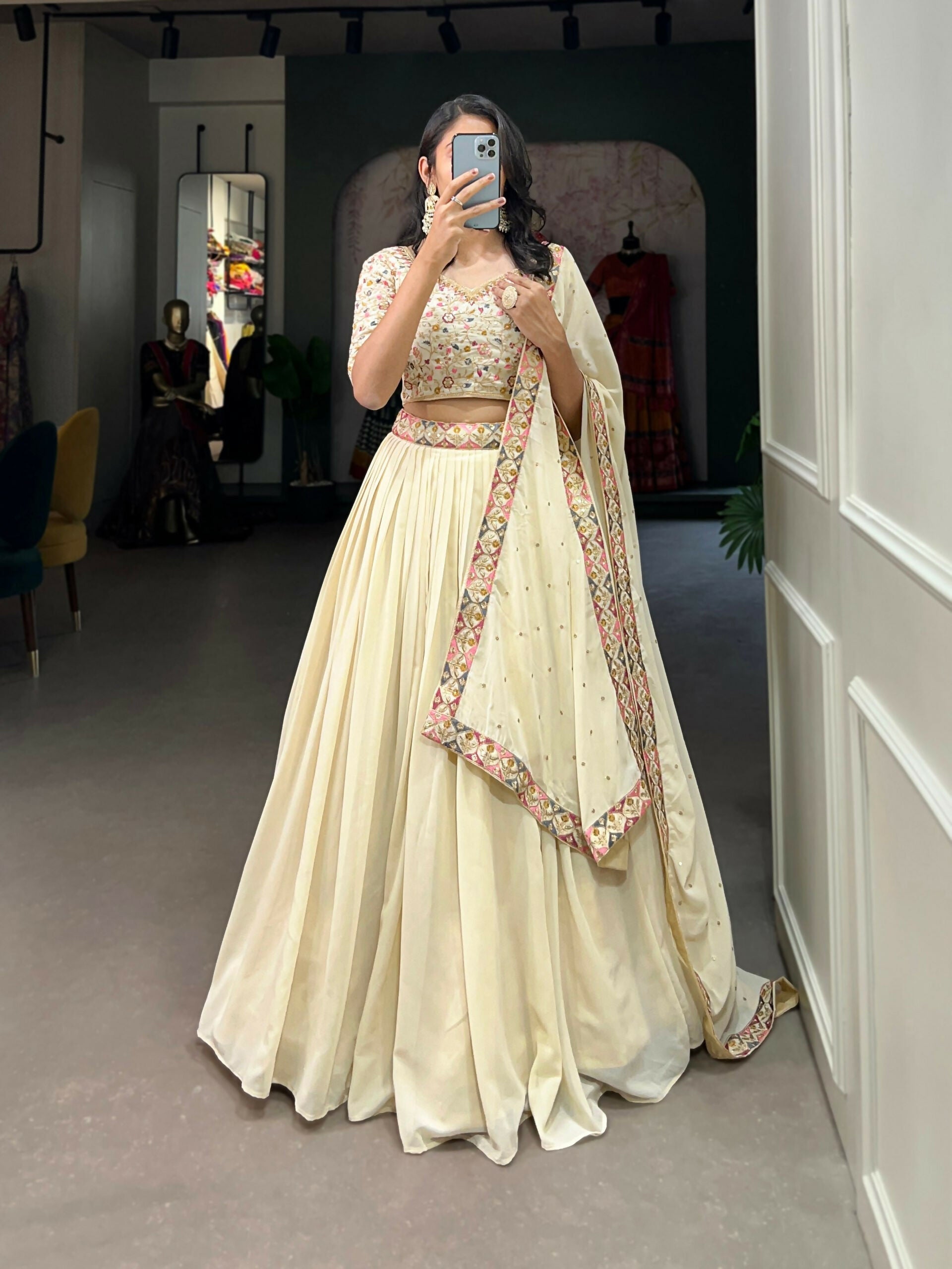 Vastranavya Exquisitely Sequins And Thread Embroidered Georgette Lehenga Choli - Off White
