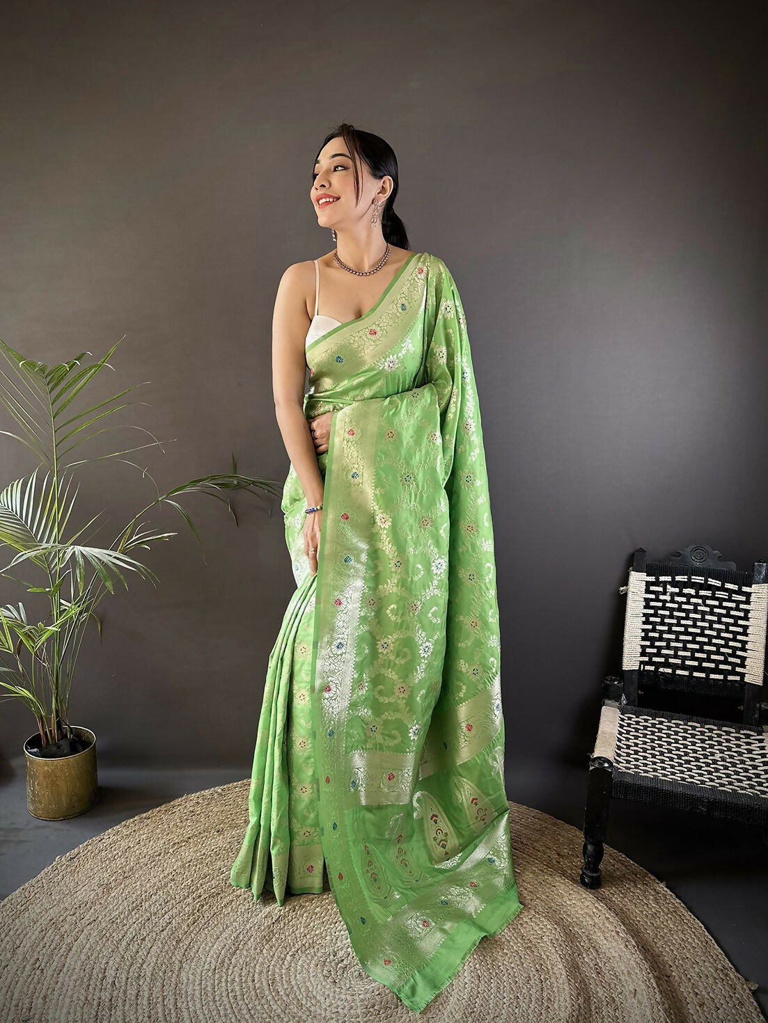 Joban Fashion Pista Green Meenakari Banarasi Silk Sarees