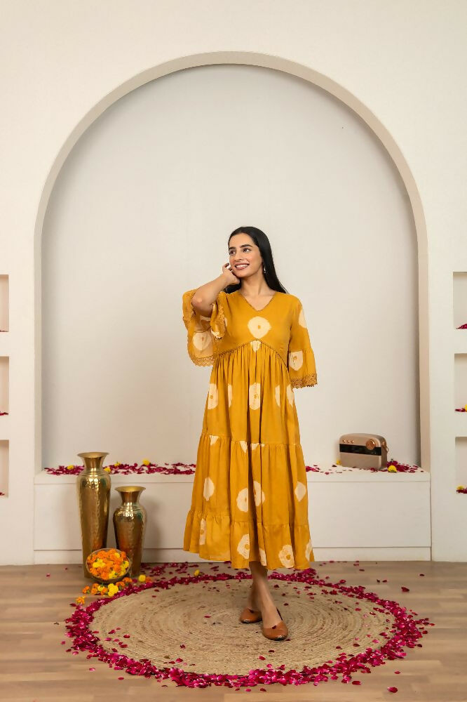 Joban Fashion Mustard Yellow Tie & Dye Cotton Dress - Distacart