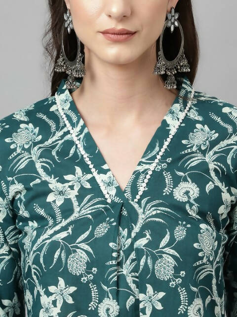 FIORRA Women's Teal Green Cotton A-Line Kurta Set