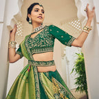 Green Heavy Viscose Khatli, Embroidery & Mirror Work Unstitched Lehenga Choli - Sisha Keshav