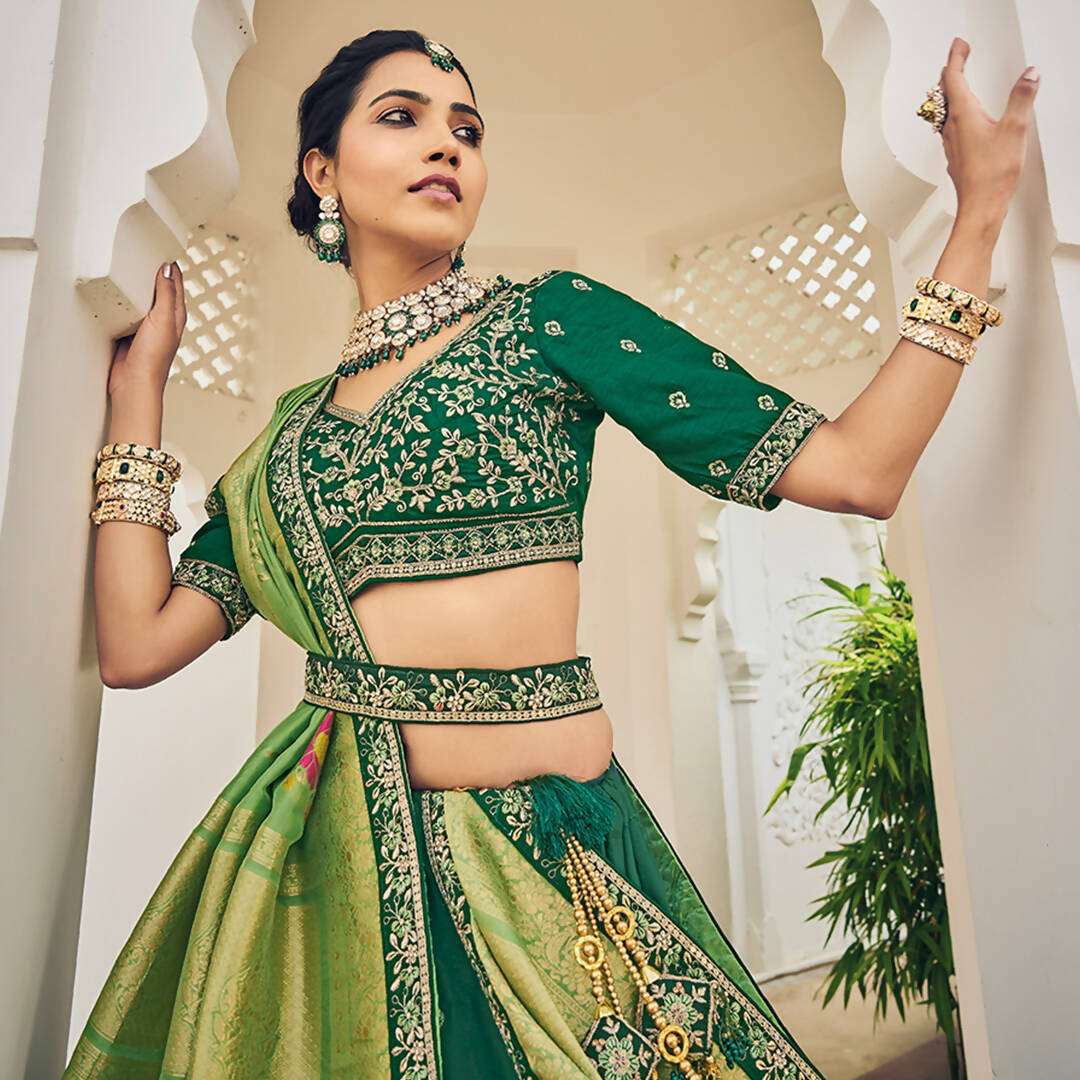 Green Heavy Viscose Khatli, Embroidery & Mirror Work Unstitched Lehenga Choli - Sisha Keshav