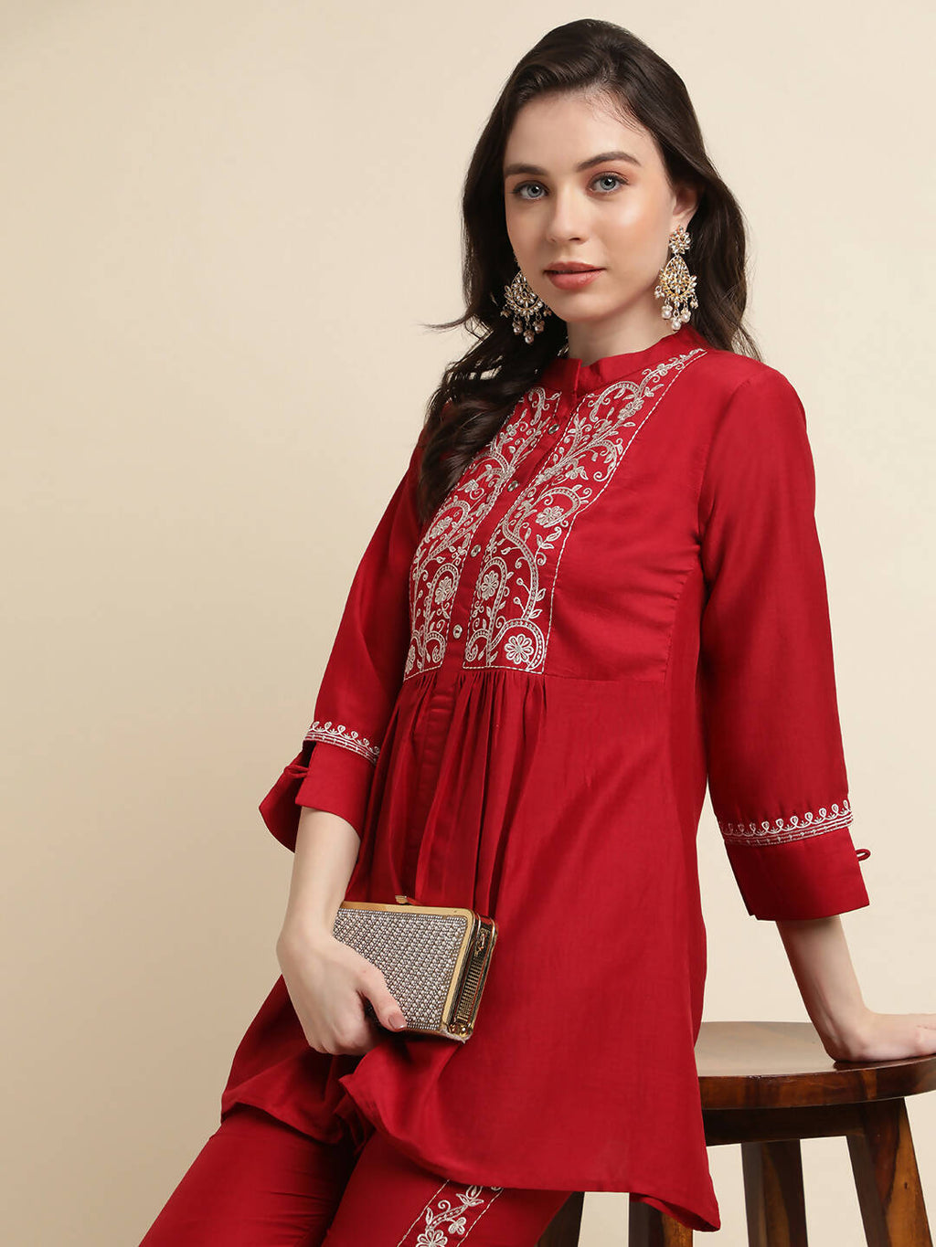Red Chinon Floral Embroidered Top with Bottom - Maanushi