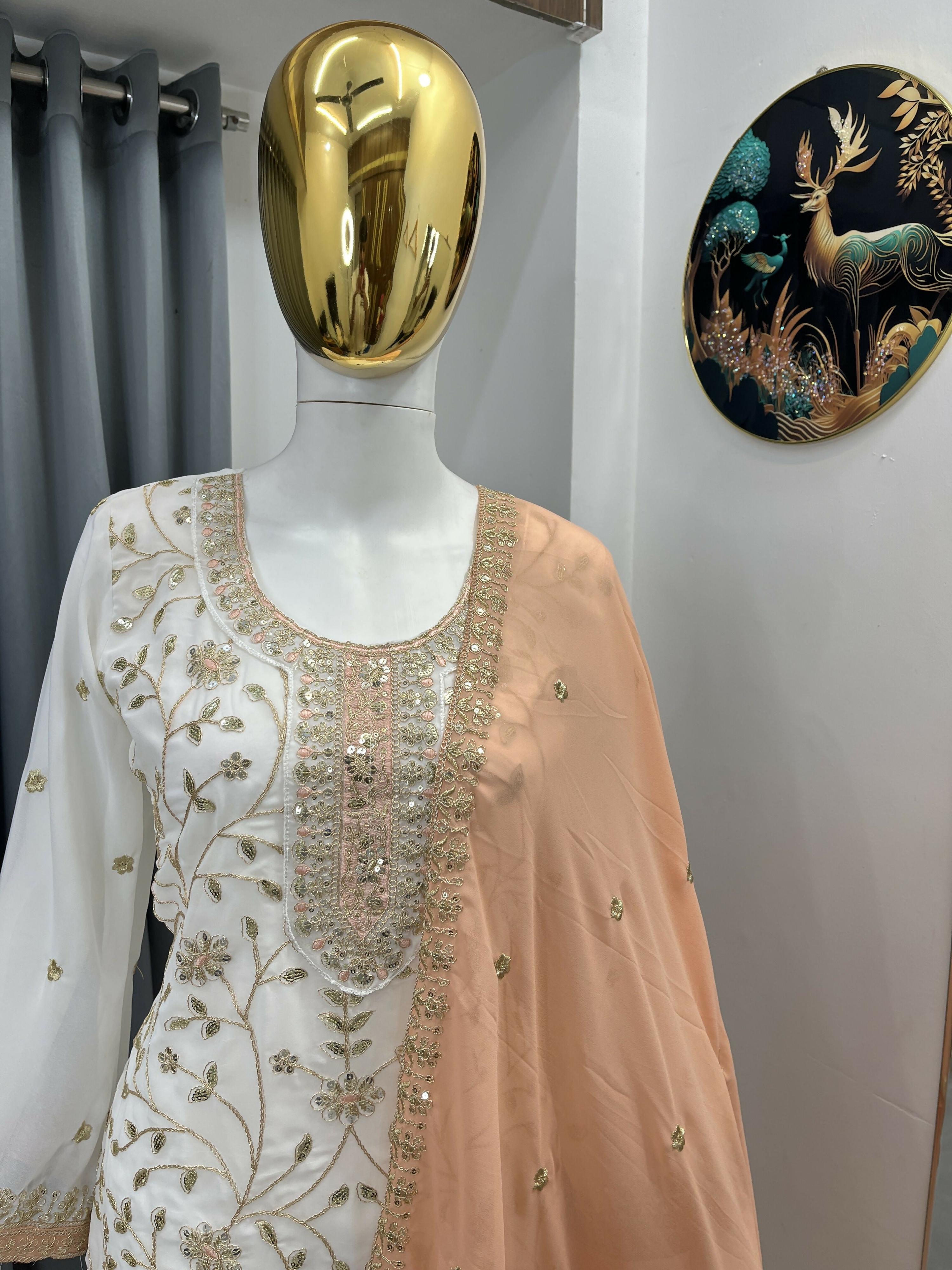 Teeya Creation White Color Faux Georgette Embroidery Work Long Party Wear Palazzo Suit - Distacart