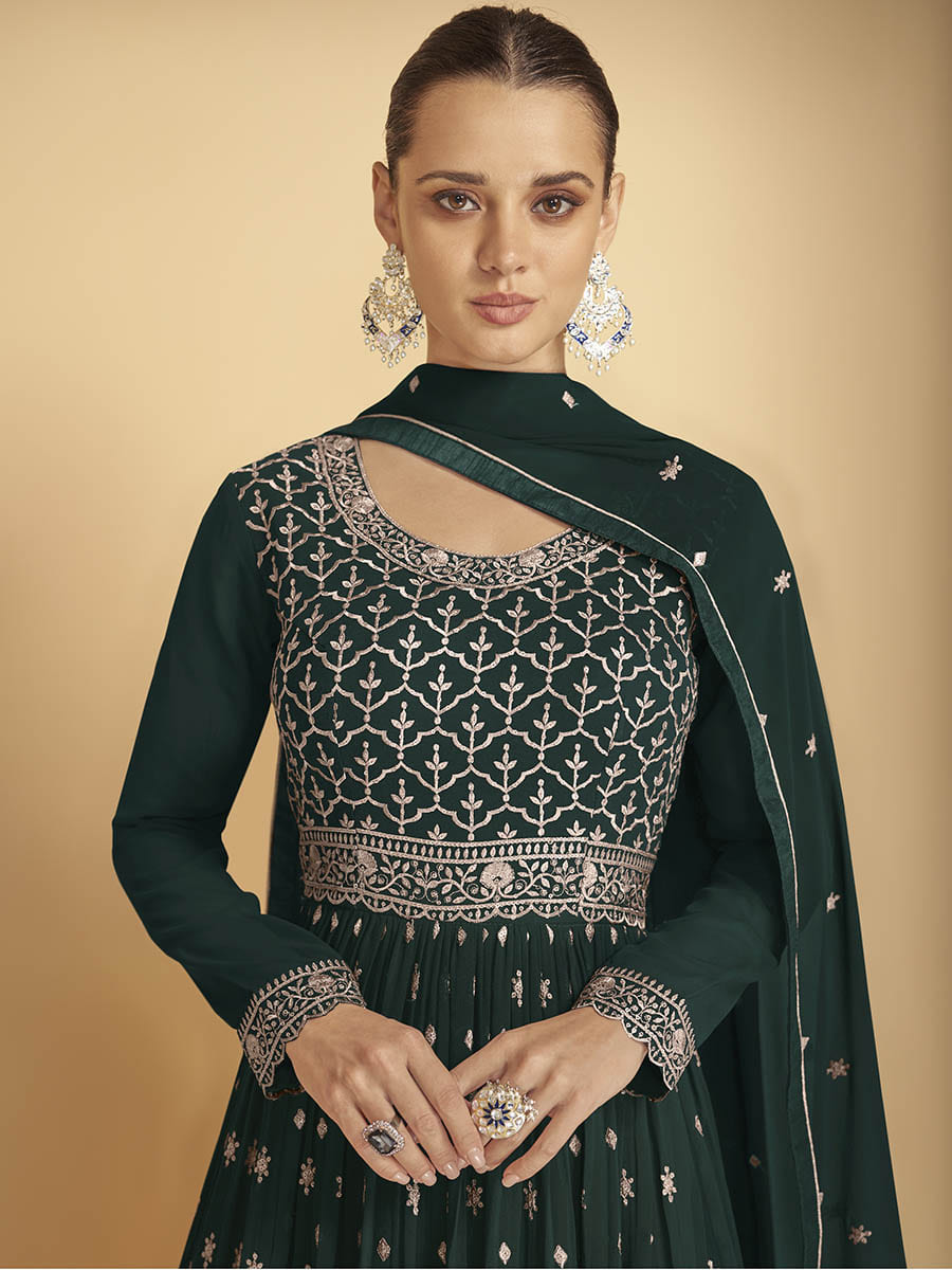 Myra Dark Green Georgette Embroidered Sharara Suit