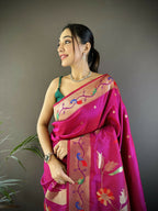 Joban Fashion Dark Pink Zari Woven Floral Motifs Soft Silk Paithani Silk Saree - Distacart