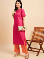 Pink Polyester solid Kurta with Palazzos - Vishwa