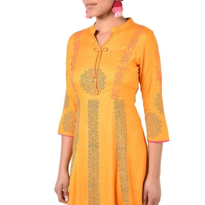 Aniyah Rayon Floral Print Anarkali Kurta In Mustard (AN-164K)