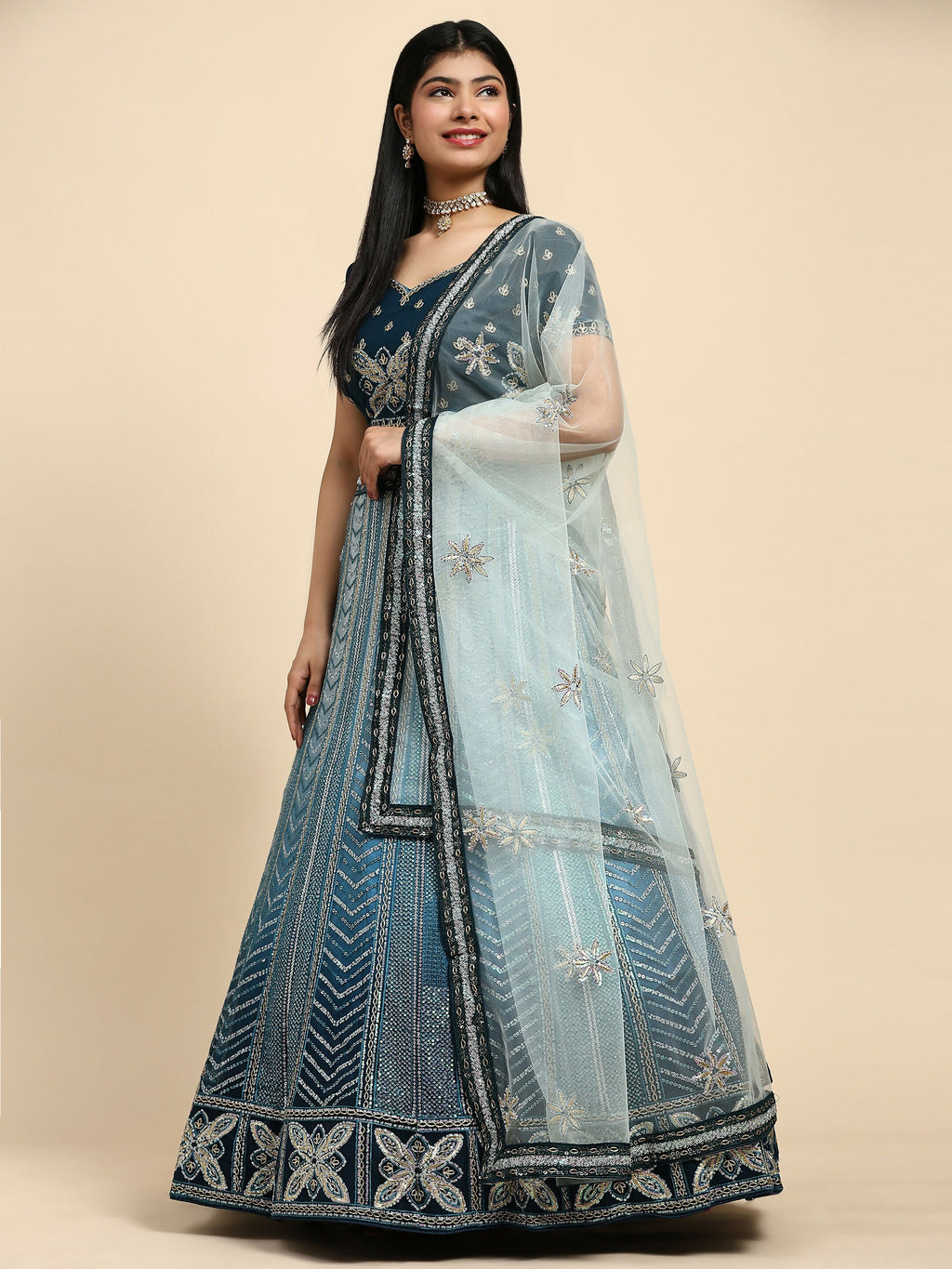Blue Fancy Net Sequence Embroidered Lehenga Choli with Dupatta - Dhara