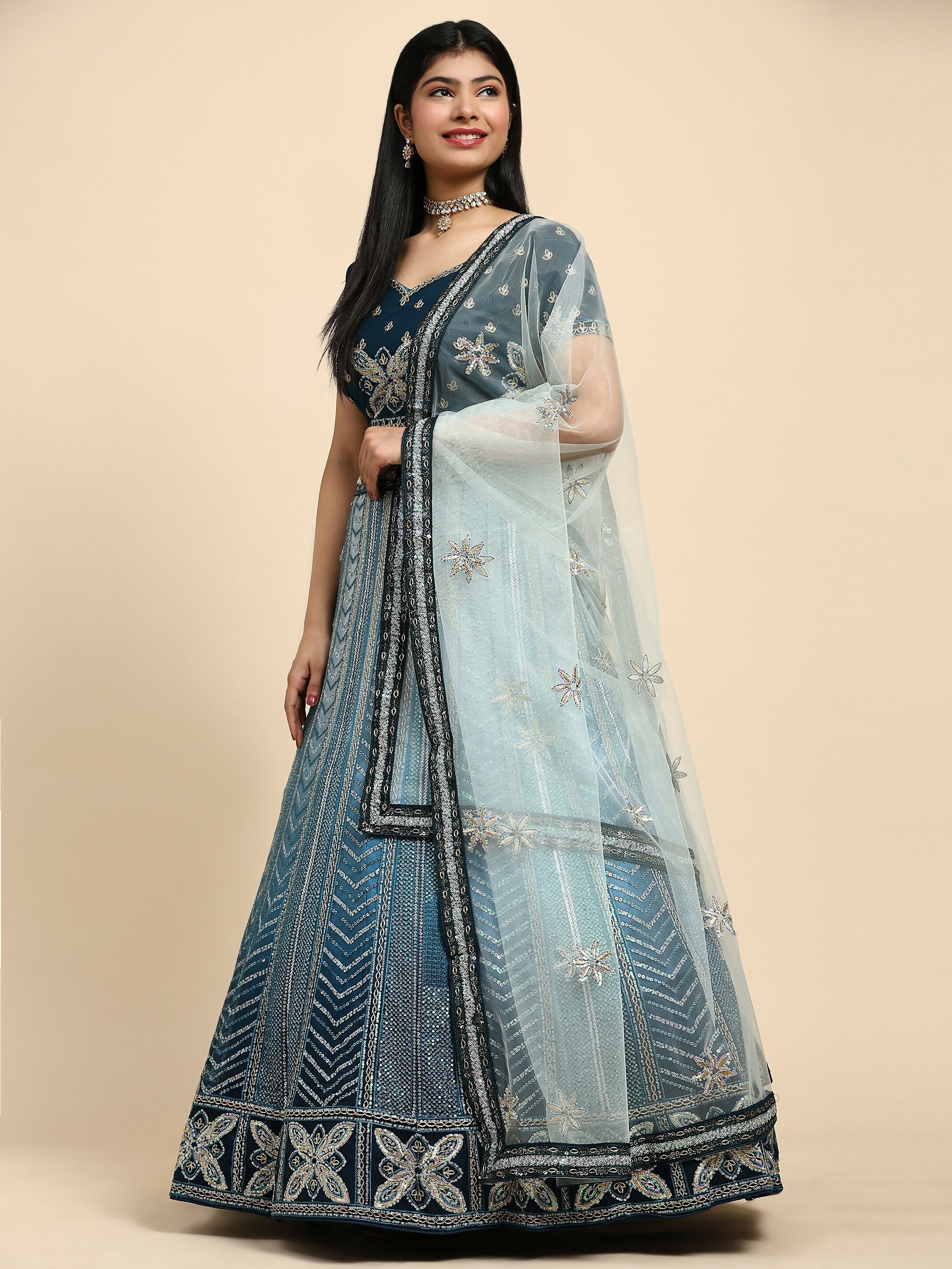 Blue Fancy Net Sequence Embroidered Lehenga Choli with Dupatta - Dhara