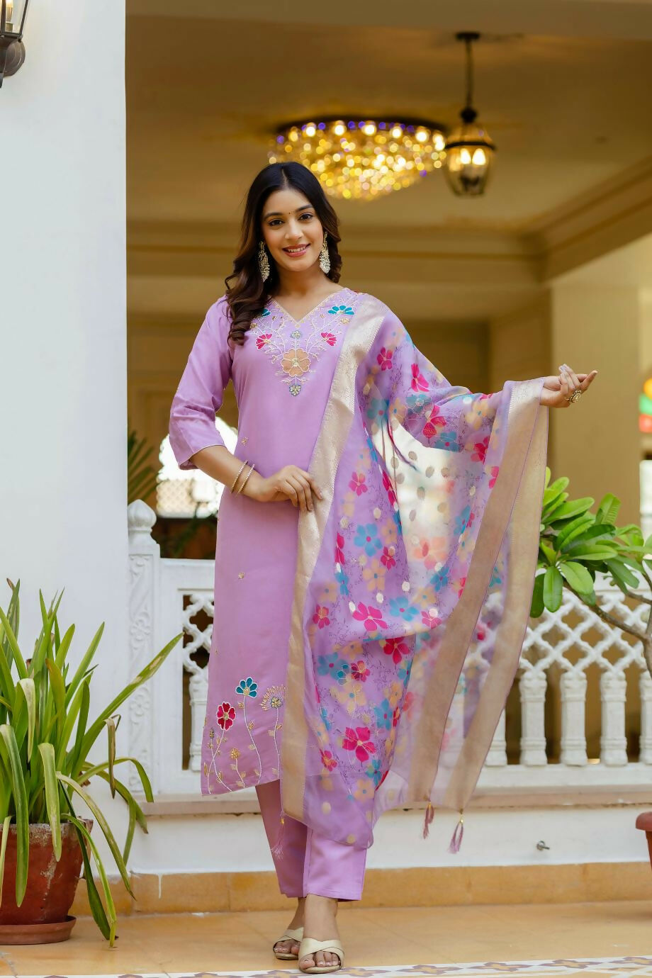 The52 Lavender Women's Gorgeous Embroidered work Viscose Gadhwal Fabric Straight Kurta, Pant and Dupatta Set - Distacart