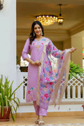 The52 Lavender Women's Gorgeous Embroidered work Viscose Gadhwal Fabric Straight Kurta, Pant and Dupatta Set - Distacart