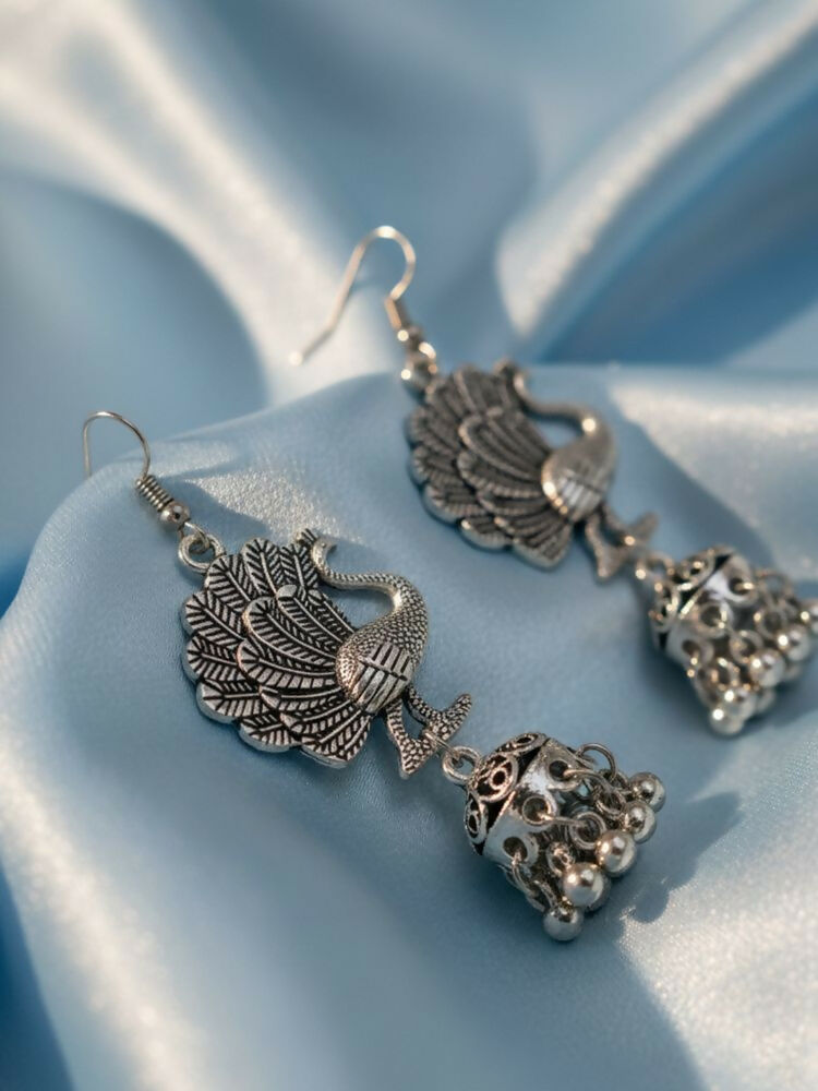 NVR Women Peacock Design German Silver Oxidised Jhumka Earrings - Distacart