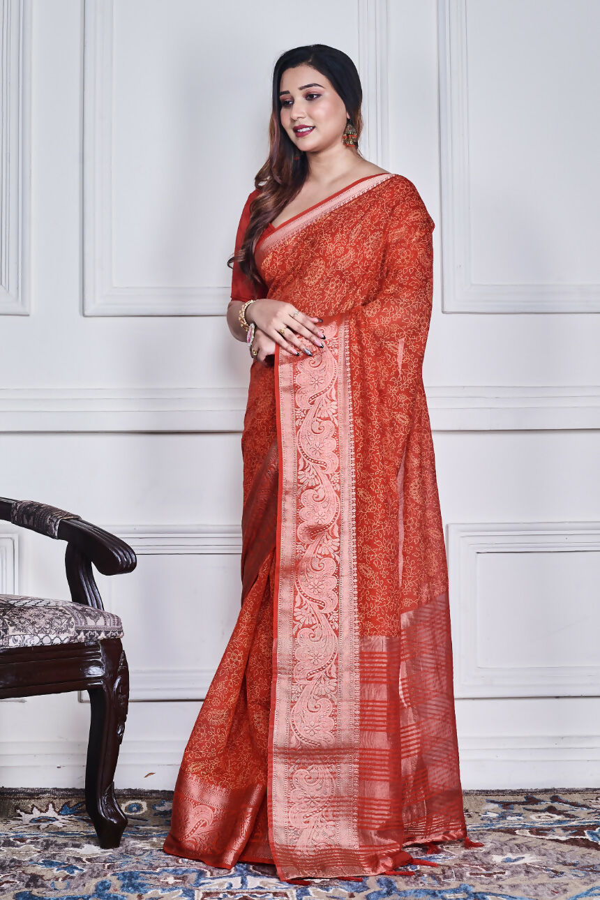 Morchari Red Script Printed Orzanga Saree Unstitched Blouse - Distacart